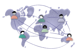 An illustration depicting an interconnected network of users around the globe