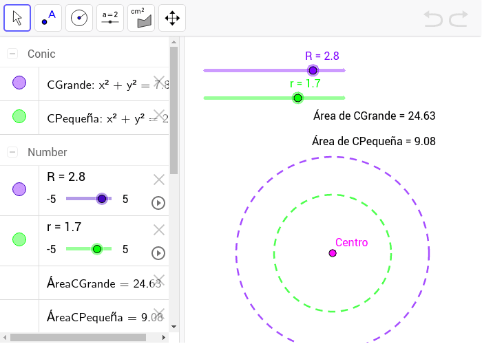 Obtener dos circunferencias concéntricas cuyo centro sea el punto (0,0) y cuyos radios sean variables. Presiona Intro para comenzar la actividad