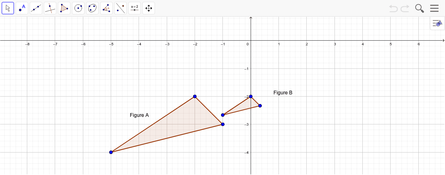 Show that the two triangles are similar by identifying a transformation that maps Figure A to Figure B. Use the tools in Geogebra to show that your transformation works.  Press Enter to start activity
