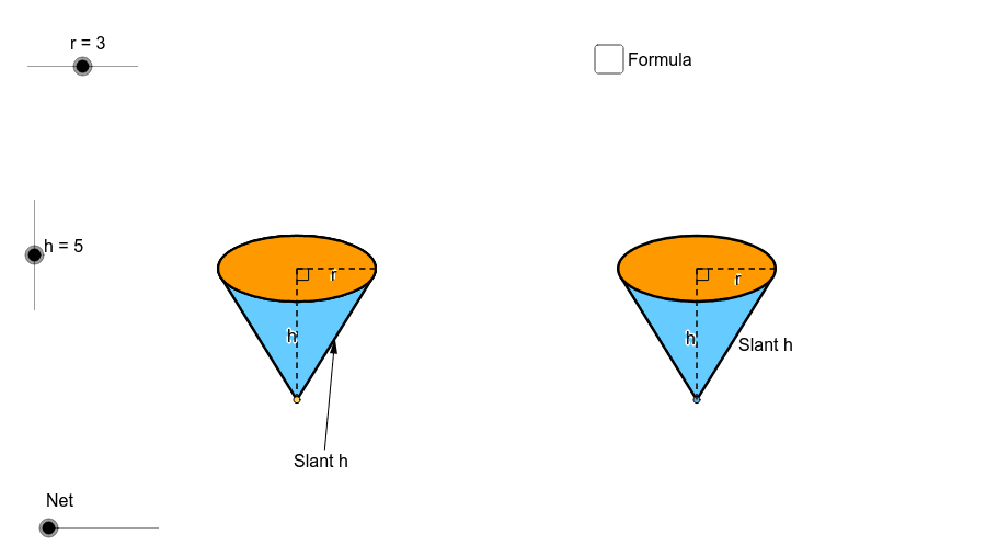 Net of Cone - Use sliders to manipulate radius, height, and to open and close net Press Enter to start activity