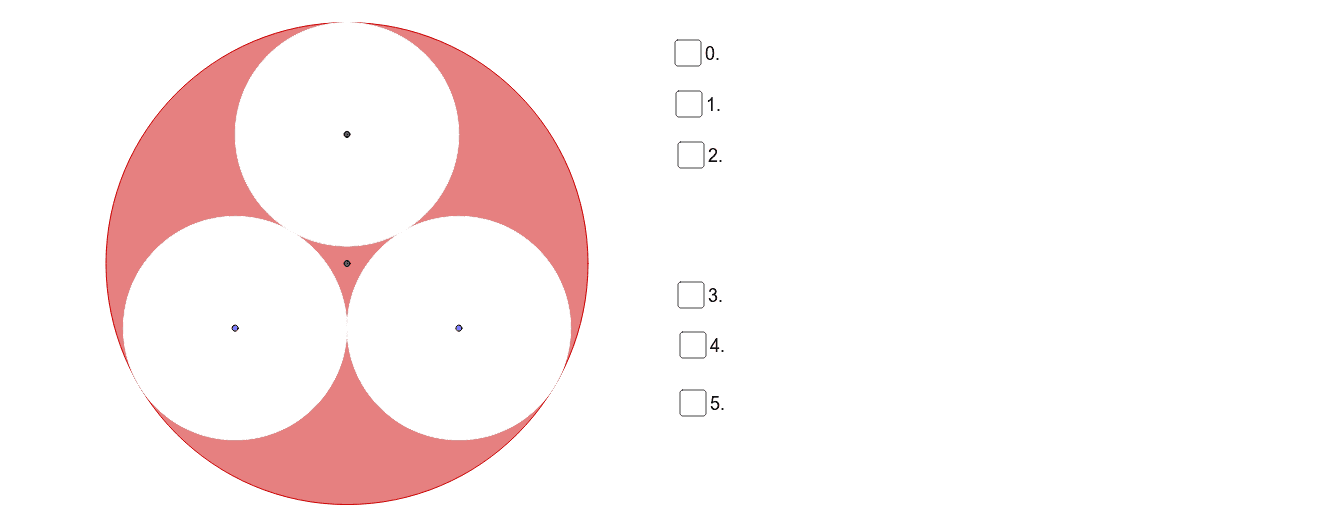 Gegeben ist der Radius r des grossen Kreises. Die drei kleinen Kreise berühren sich gegenseitig sowie den grossen Kreis. Welchen Inhalt hat die schraffierte Fläche? Press Enter to start activity