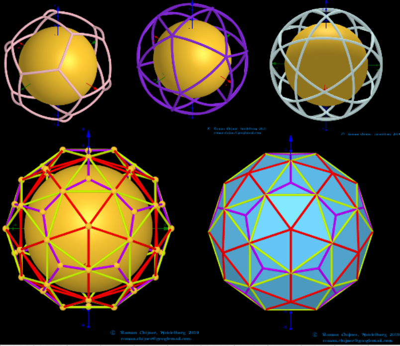 projections of segments of faces of the dual  of the Biscribed Pentakis Dodecahedron(4) -Disdyakis triacontahedron (n=62) on sphere surface: Segments 1-3