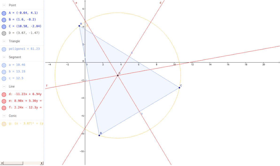         Construção simples do circuncentro do triângulo a partir das mediatrizes de um triângulo (qualquer).    