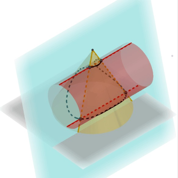 [i]Choosing the proper [b]auxiliary planes [/b]in case of a cone and a cylinder. The planes 1) pass through the apex of the cone and 2) are parallel to the generators of the cylinder. Note: in this case we could use horizontal auxiliary planes, as well, since those plane intersections will result in circles (cone) and lines (cylinder).  [url=https://www.geogebra.org/m/au8ms43u]Interactive figure[/url][/i]