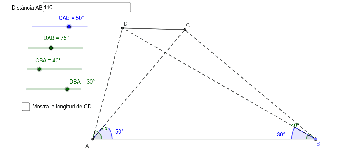 Donada la distància AB i els angles senyalats, trobar la distància de C a D (longitud del segment CD) Premeu Enter per iniciar l'activitat