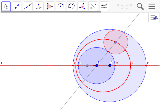 二つの円の間に中心Ａを動かして二次曲線を作る。ｋを動かすとどういう二次曲線かわかる。さらに中心Ａを動かしてみよう。 ワークシートを始めるにはEnter キーを押してください。