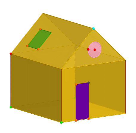 Un modelo sencillo con GeoGebra 3D de una casa. Podemos mirar de hacer otra al lado utilizando las simetrías y/o las transformaciones.