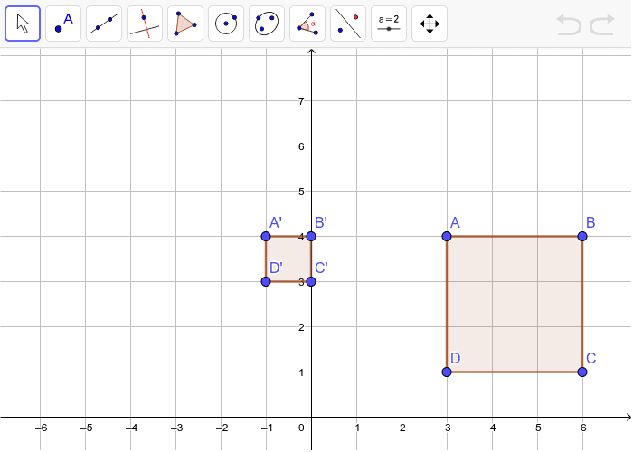 2. Square ABCD is dilated to form Square A'B'C'D', as shown on the graph below.  Determine the scale factor and the center of dilation. Press Enter to start activity