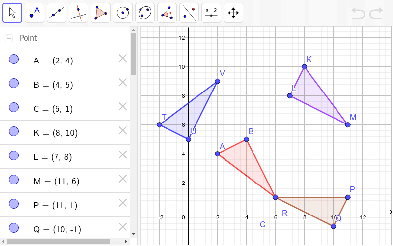 Each of triangles KLM, TUV and PQR and transformations of triangle ABC. Decide what they are and explain your answers. Press Enter to start activity