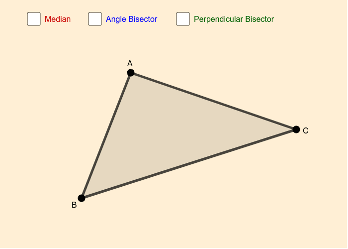 Select the boxes to see triangle median, angle bisector and perpendicular bisector line segments.  Move points A, B and C to change the shape of the triangle. Press Enter to start activity