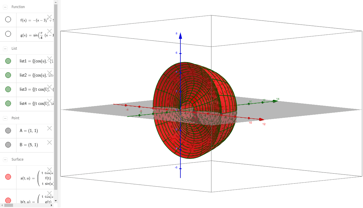 3D rotation of an area between two curves over the y-axis with girds Press Enter to start activity