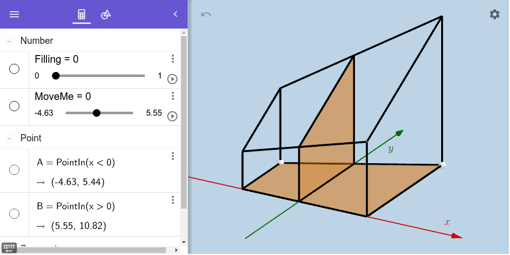 Move the LARGE WHITE POINTS anywhere you'd like.  For this solid, note that any cross section parallel to the yAxis is a quadrilateral that is similar to the base of this solid.  Press Enter to start activity