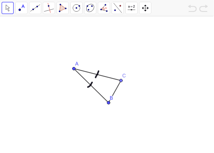 Given that triangle ABC is isosceles, use compass and line tools to create the perpendicular bisector for segment AB Press Enter to start activity