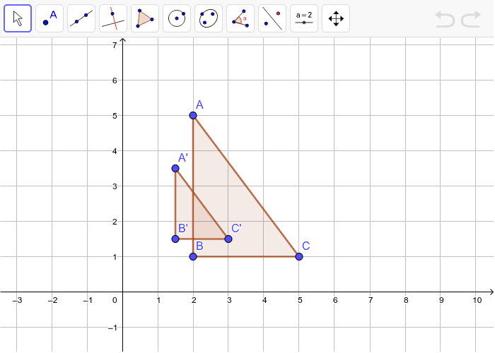 1. Triangle ABC is dilated to form Triangle A'B'C', as shown on the graph below.  Determine the scale factor and the center of dilation. Press Enter to start activity