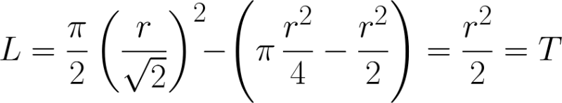 https://latex.codecogs.com/png.image?\huge&space;\dpi{300}L=\frac{\pi}{2}\left(\frac{r}{\sqrt{2}}\right)^2\!-\left(\pi\,\frac{r^2}{4}-\frac{r^2}{2}\right)=\frac{r^2}{2}=T