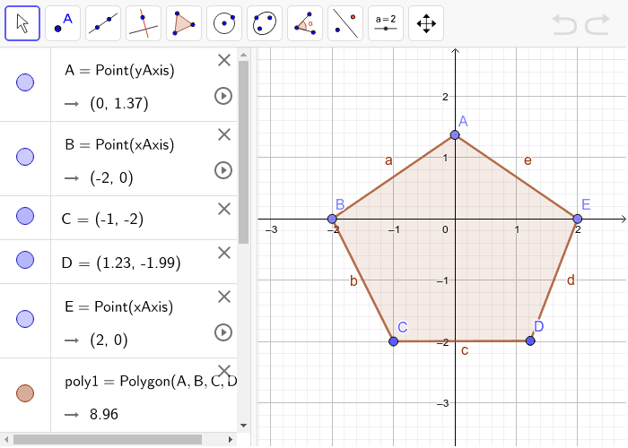 Making Triangles- Here, we have a Pentagon ABCDE. Try making triangles using the Segment tool of Geogebra to connect the vertices. (Hint: Segments shouldn't be intersecting inside the pentagon) Press Enter to start activity