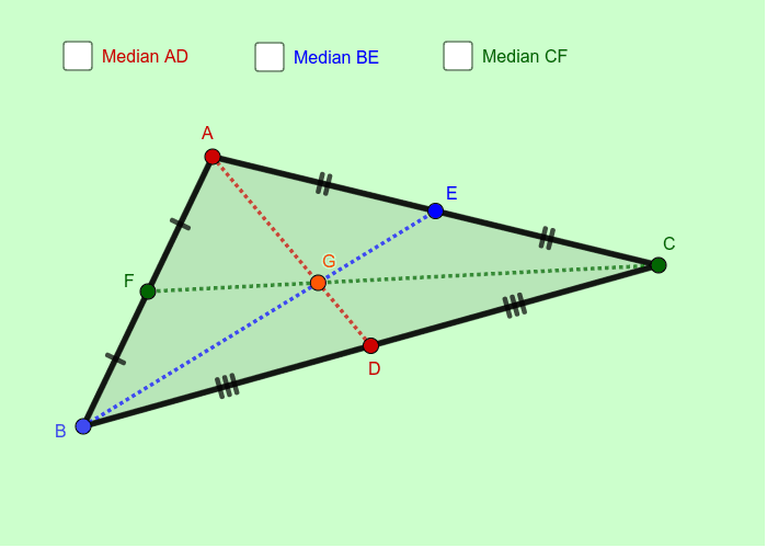 Select median AD, median BE and median CF boxes to see the lengths of the medians.  Move points A, B and C to change the shape of the triangle. Press Enter to start activity