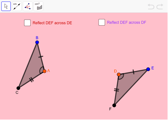 Move the triangles by dragging them or point A.  Rotate the triangles by moving points B and E.  Use the toolbar to measure the line segments, angles or area. Press Enter to start activity