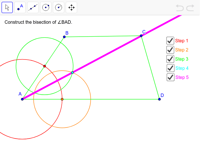 Construct the angle bisector for angle BAD. Press Enter to start activity
