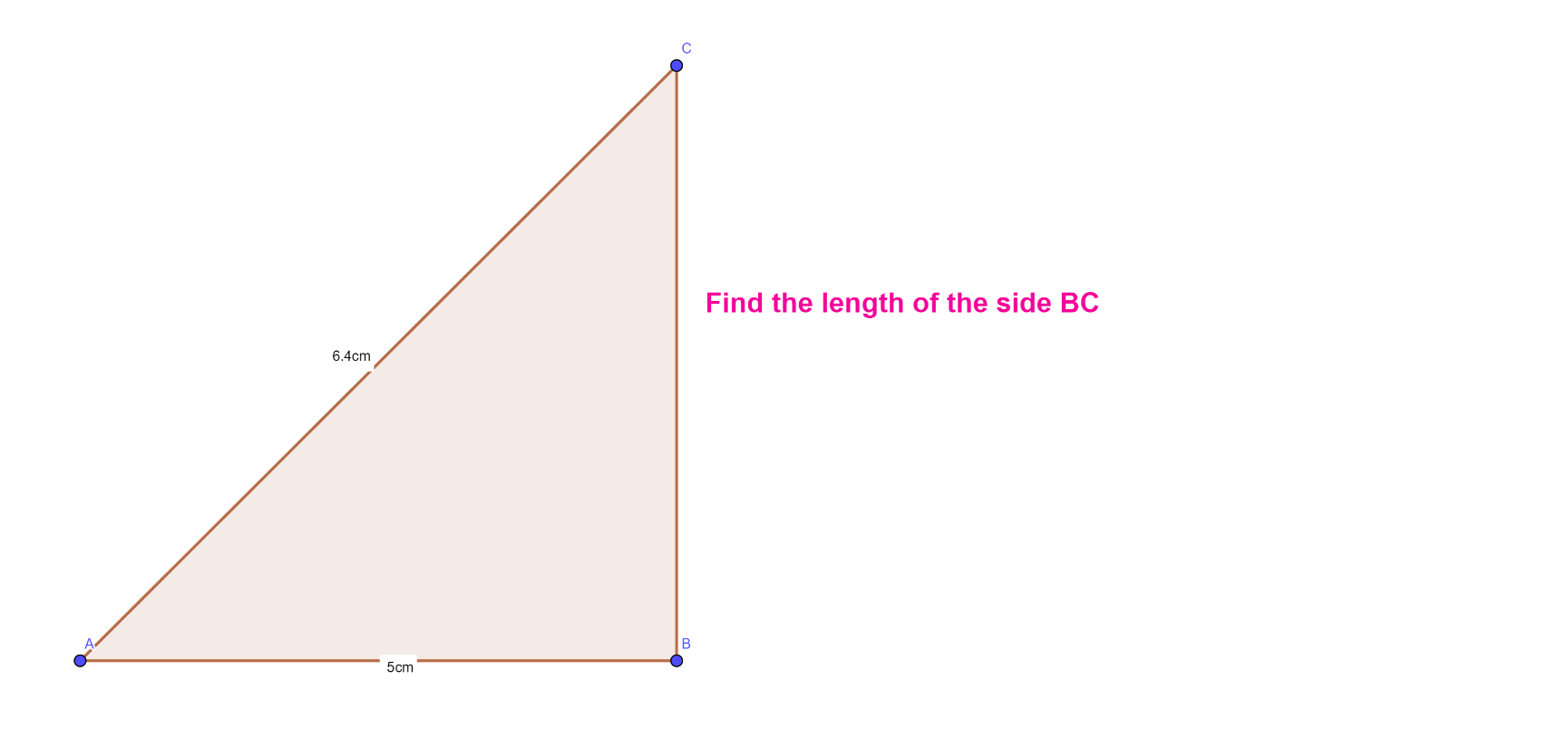 [b][size=150]Use the Pythagoras theorem to find the missing side.
[/size][/b]Hint: This time its a short side we are trying to find, not the hypotenuse.