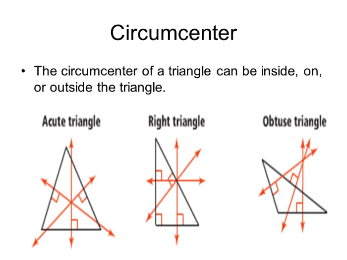 [color=#222222][size=100][size=150]The circumcenter of a triangle can be in different places based on the type of triangle. [/size][/size][/color]