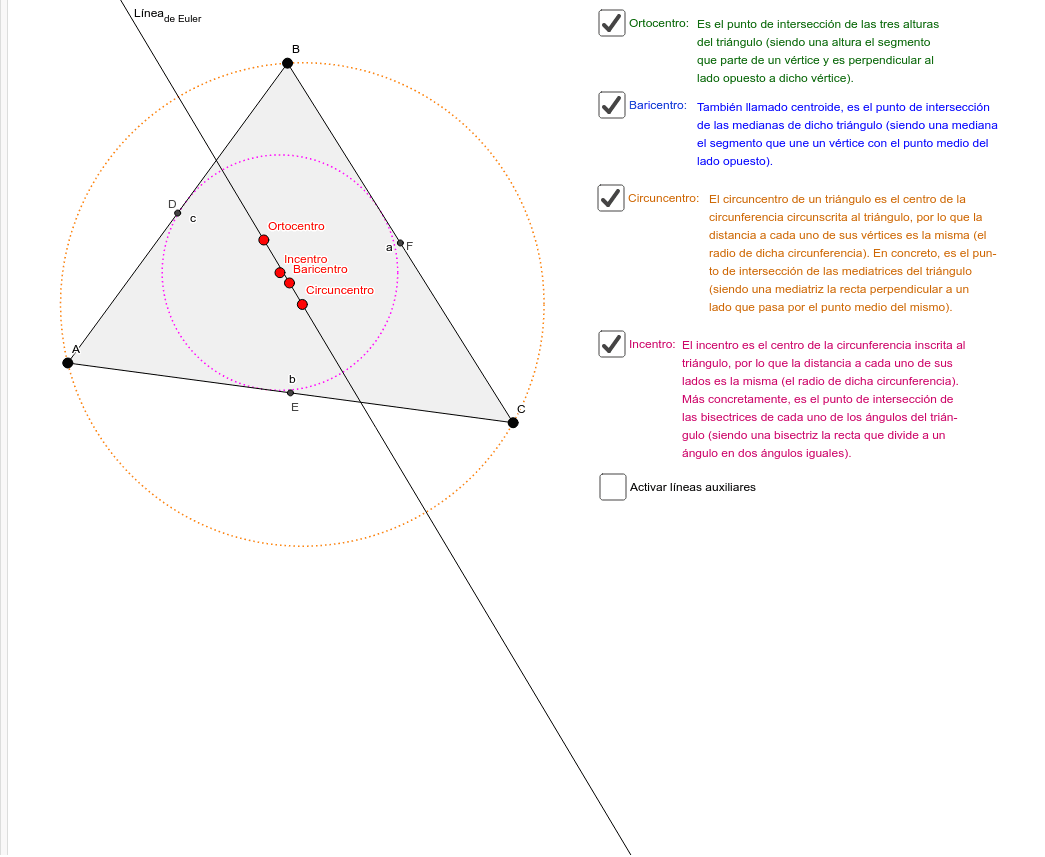 En este ejercicio se pueden visualizar los distintos centros que posee un triángulo, y cómo estos varían su posición al modificar sus vértices. Presiona Intro para comenzar la actividad