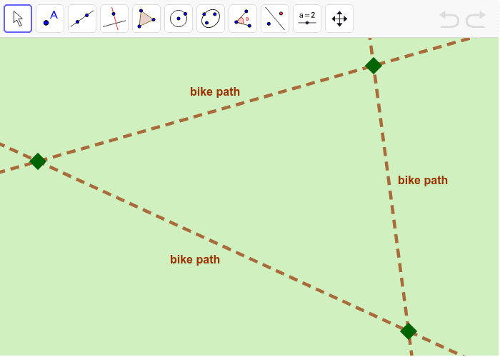 Use GeoGebra tools to create the point of concurrency that is the same distance away from each bike path. Take a screenshot of your work and insert it into the Google Doc. Press Enter to start activity