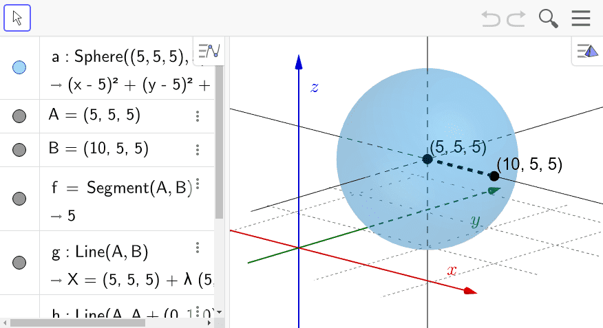 Below is a sphere with center (5,5,5) whose radius = 5 units. Plot and label six additional points (x,y,z) that lie on this sphere.  Press Enter to start activity