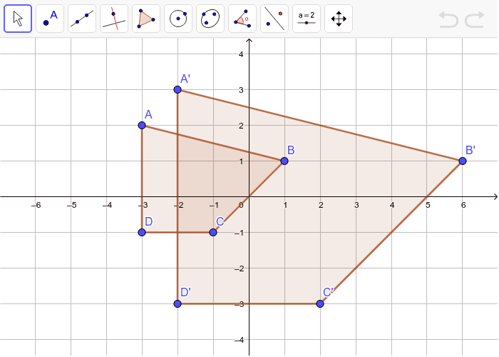 3. Quadrilateral ABCD is dilated to form Triangle A'B'C'D', as shown on the graph below.  Determine the scale factor and the center of dilation. Press Enter to start activity