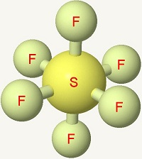 Imagen de una molécula de hexafluoruro de azufre.