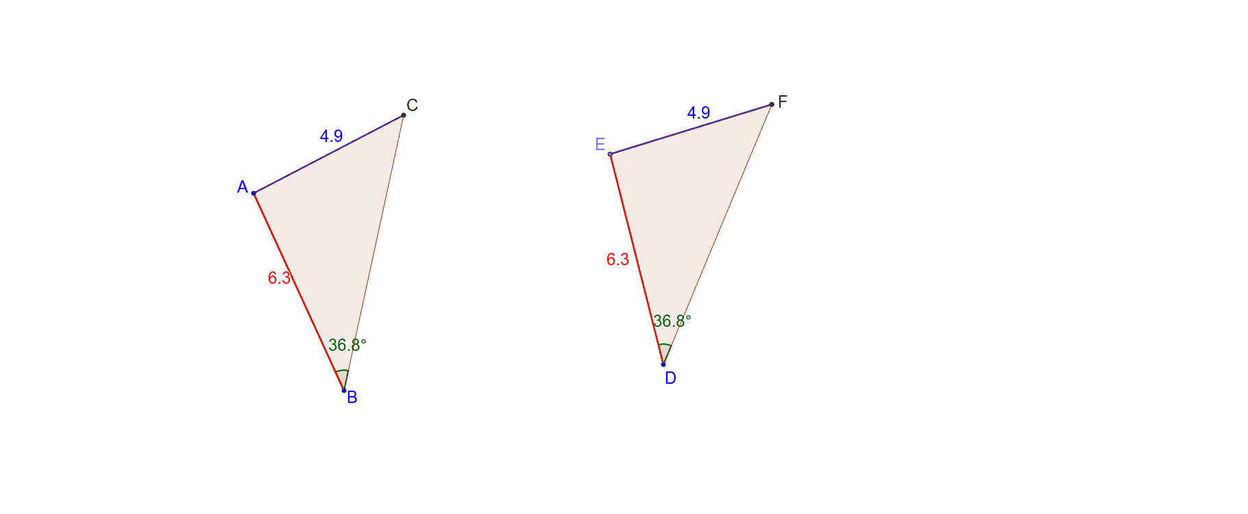 Drag any point on triangle ABC to resize the triangle. Study what happens to triangle EDF when you resize triangle ABC. Also try to coincide (put one triangle on top of the other) and see if they match up. Press Enter to start activity