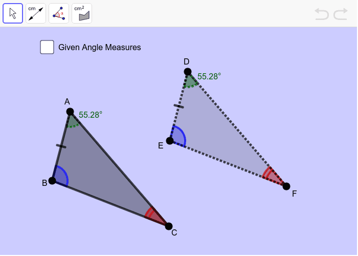 Move points A, B and C to change the size and shape of the triangles.  Use the toolbar to measure segment lengths, angles or area. Press Enter to start activity