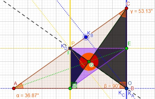 [size=150]La proporzione è ancora più evidente nel triangolo rettangolo (con angolo retto in B per esempio) in cui l'[color=#0000ff][b]altezza di C[/b][/color] coincide con il lato CO e l'[color=#f1c232][b]altezza di D[/b][/color] del triangolo mediano coincide con FD. Il rapporto è [b]2 a 1[/b] per le caratteristiche del triangolo mediano viste prima e perciò una volta dimostrata la somiglianza dei due triangoli si poteva confermare la tesi.[/size]