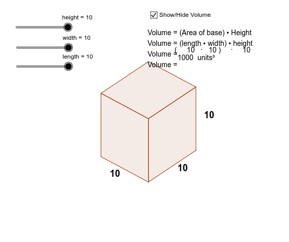 This applet shows us what happens to the dimensions of a rectangular prism when we manipulate it's measurements. Press Enter to start activity