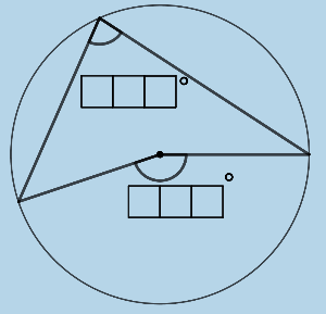 Your task: Using digits 0-9 no more than one time each, fill in each blank so that both the inscribed angle and central angle intercept the same arc. 