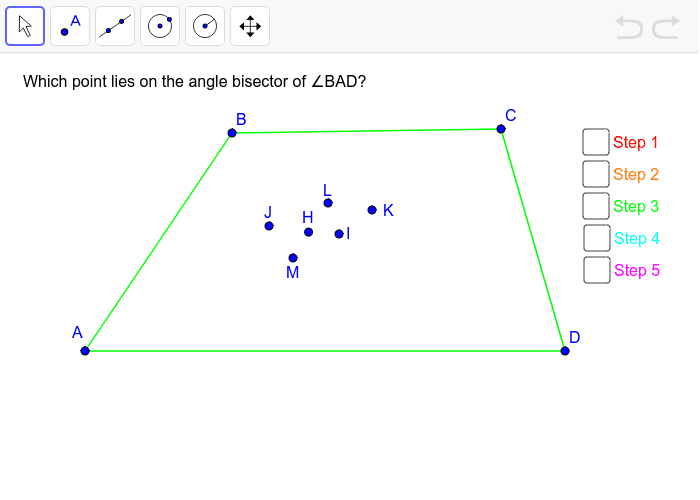 Construct the angle bisector for angle BAD. Press Enter to start activity
