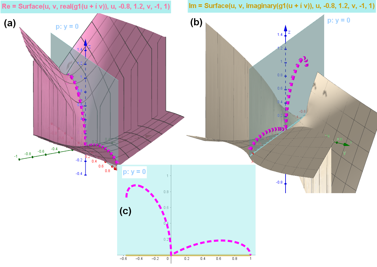 Fig. 1. Surfaces of the real part (a) and the imaginary part (b) of g1(z) over the the complex plane