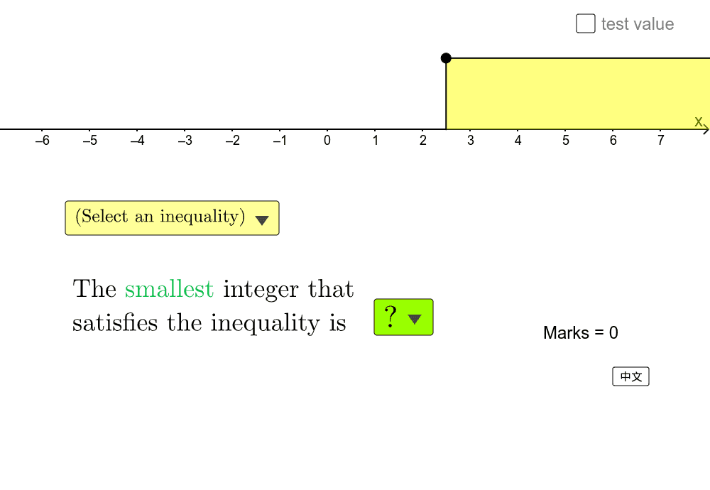選出圖示所代表的不等式，並選出滿足不等式的最大或最小整數。 Press Enter to start activity