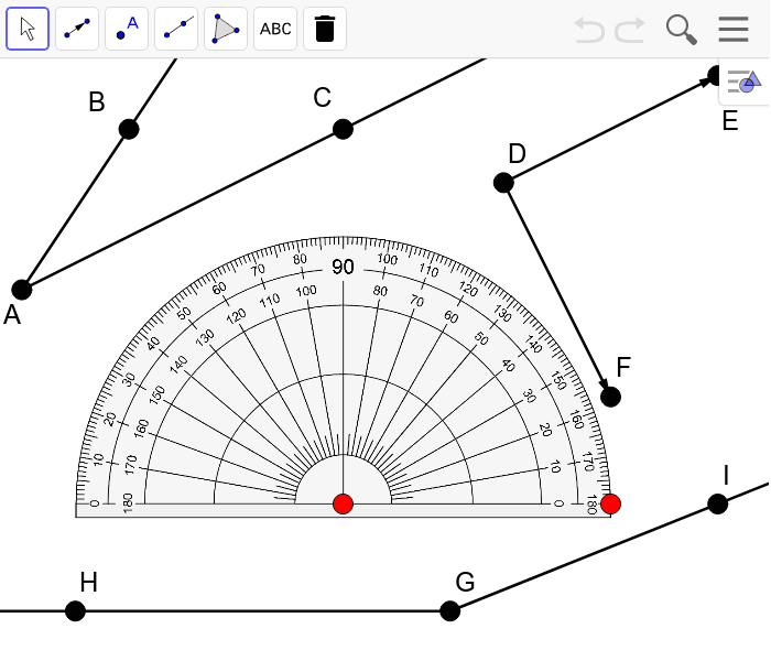 Use the points on the protractor to move it. Find and display the measure of each angle.  Press Enter to start activity