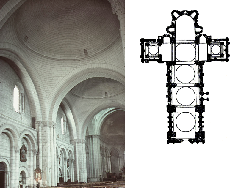 interieur en plan van de kathedraal van Angoulême (1120-1130)