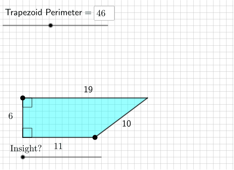 Here, you can set your own fixed perimeter before exploring.  Move the LARGE POINTS to create various trapezoids with the perimeter you set. If the trapezoid disappears, make it smaller so it reappears. Press Enter to start activity
