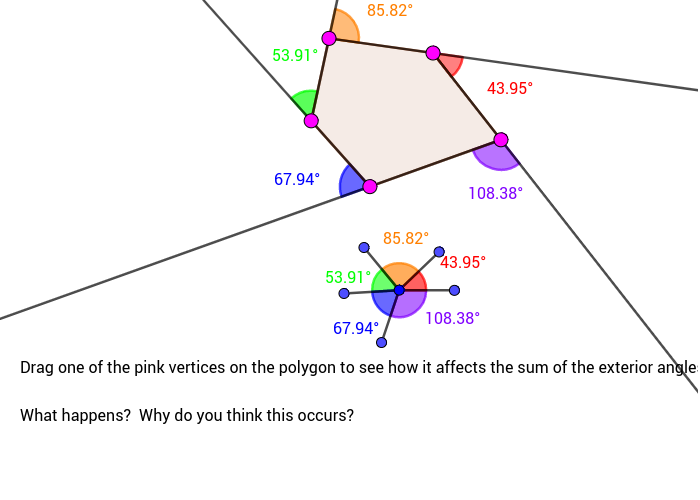 Justify why the sum the exterior angles of any polygon (just 5 sides here) is equal to 360)?  Why might this be called the Sentry Theorem? Press Enter to start activity