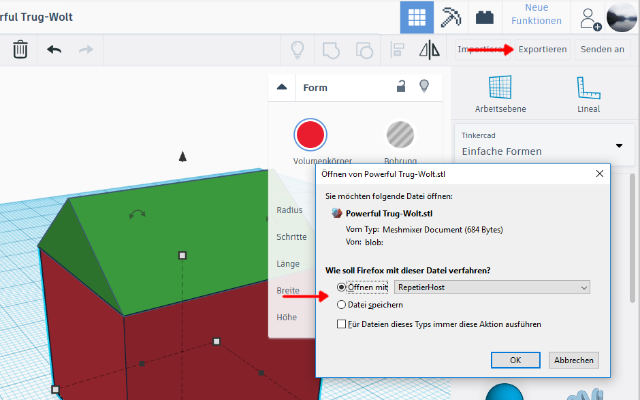 Save the file to your computer where you can find it again or open it directly in Repetier-Host.