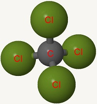 Imagen de una molécula de tetracloruro de carbono.