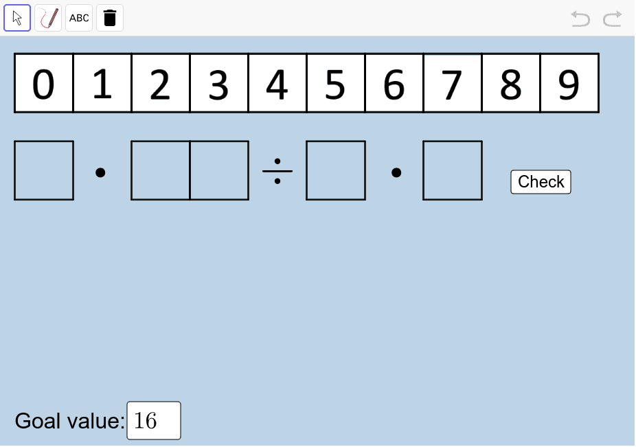 Set a goal value (lower left corner). Drag number tiles in the boxes to try to create an expression equal to this value. Then use the PEN or TEXT tools to show how your setup is correct.  Press Enter to start activity